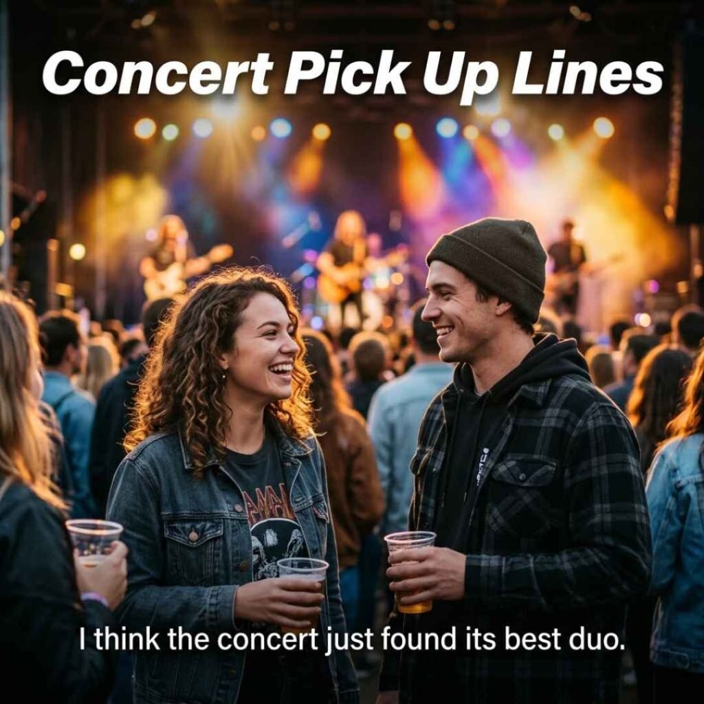 Concert Pick Up Lines with a playful concert message showing two people naturally enjoying live music together.