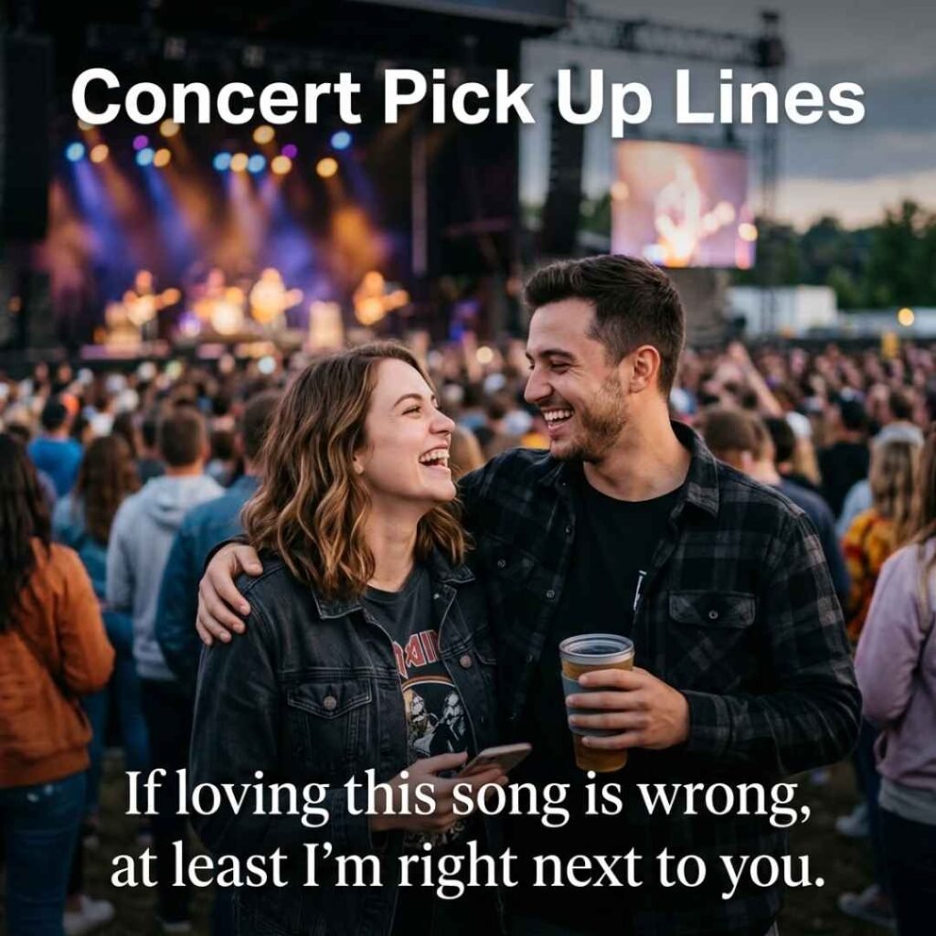 Concert Pick Up Lines featuring a playful cringe concert message with a couple laughing together at live music.