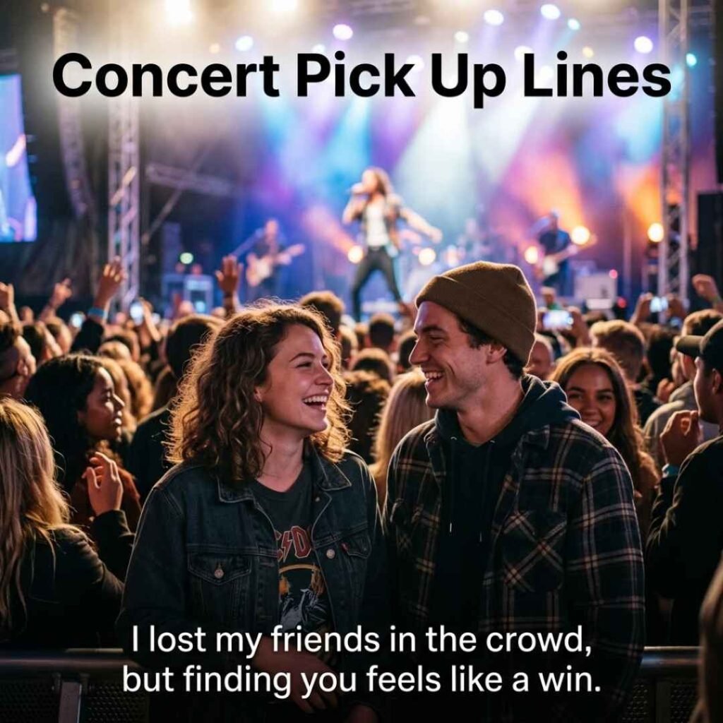 Concert Pick Up Lines with a funny concert message, featuring two people laughing naturally in a lively music crowd.