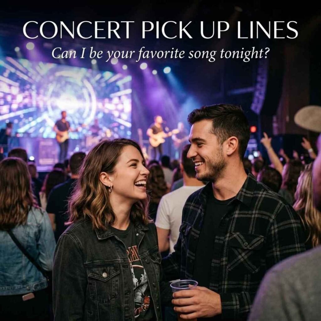Concert Pick Up Lines with a cute concert message, showing two people smiling together under soft live music stage lights.