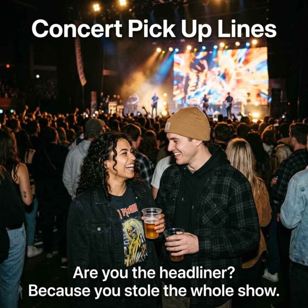 Concert Pick Up Lines featuring a cheerful live concert scene and a cheesy pickup message about stealing the show.