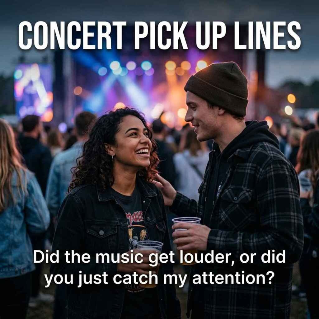 Concert Pick Up Lines showing two people chatting at a live music festival with a funny concert Tinder opener.