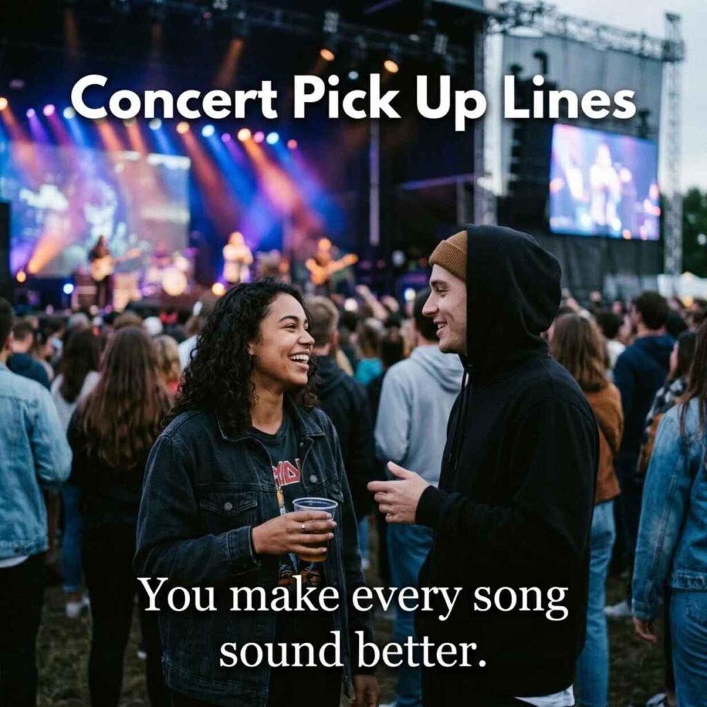 Concert Pick Up Lines featuring a natural concert crowd scene with two people enjoying live music and a smooth rizz message.