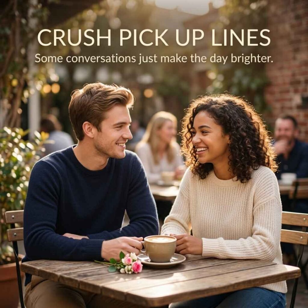 Crush Pick Up Lines featuring cute pickup lines and a sweet café moment between two smiling people.