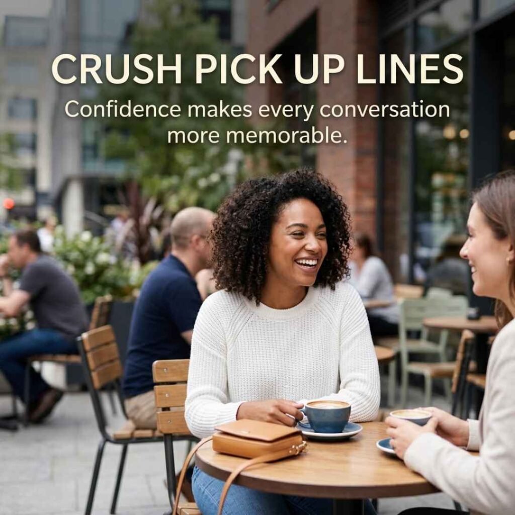 Crush Pick Up Lines featuring pickup lines for girls with a confident young woman enjoying a friendly conversation.