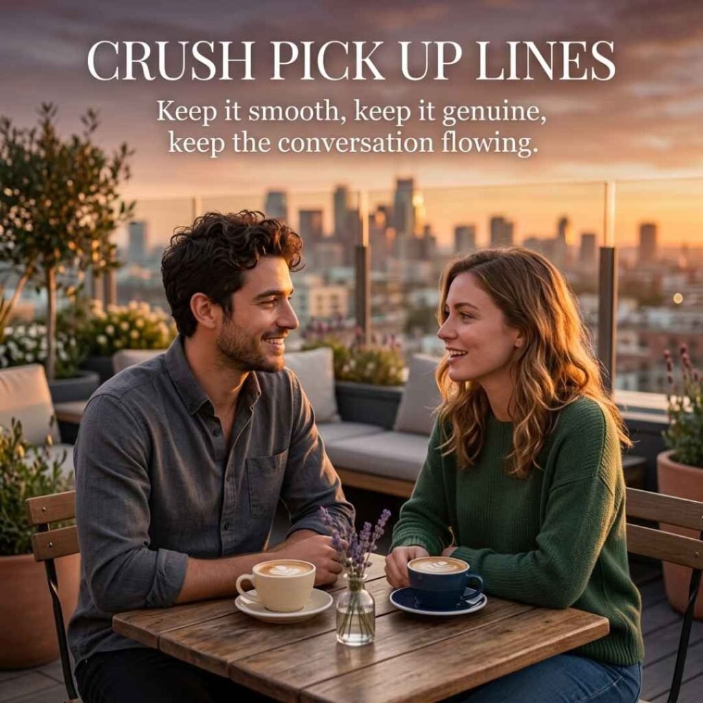 Crush Pick Up Lines featuring smooth pickup lines and a confident conversation between two young adults at sunset.