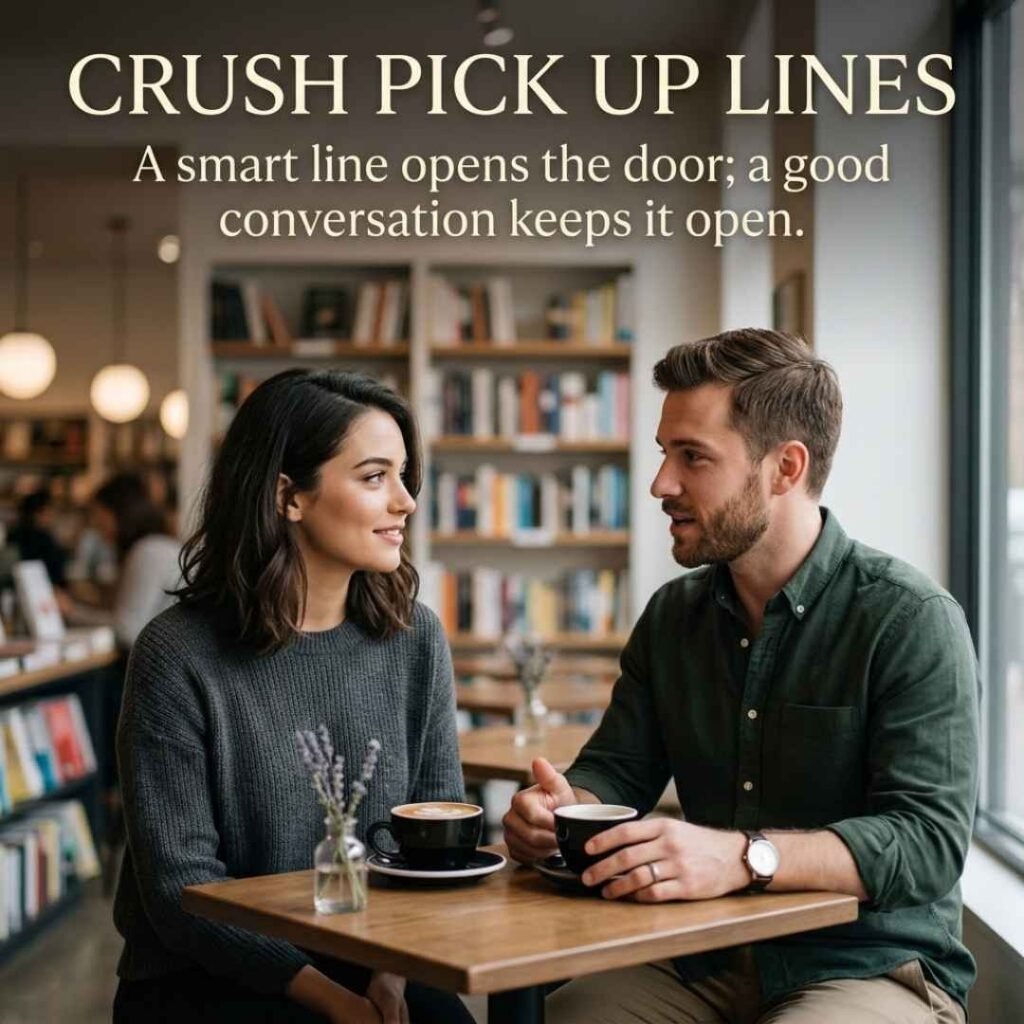 Crush Pick Up Lines featuring clever pickup lines with two young adults having an engaging conversation in a bookstore café.