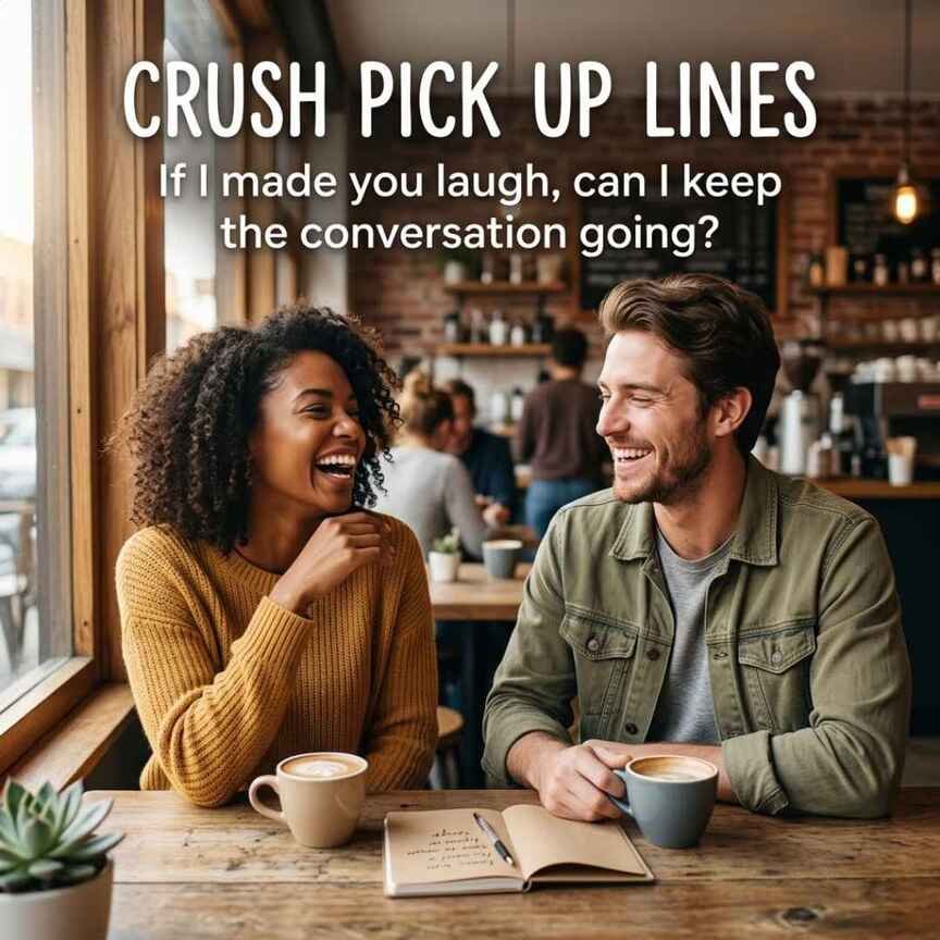 Crush Pick Up Lines with funny pickup lines showing two people laughing together during a casual coffee conversation.
