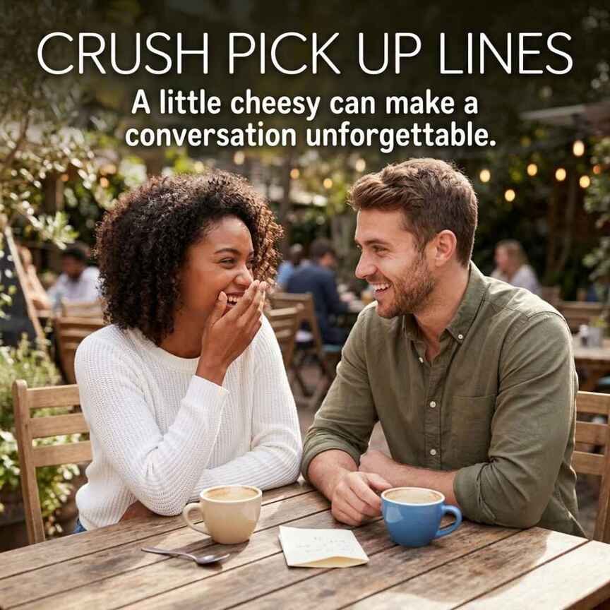 Crush Pick Up Lines featuring corny pickup lines as two people smile and react to a playful conversation.