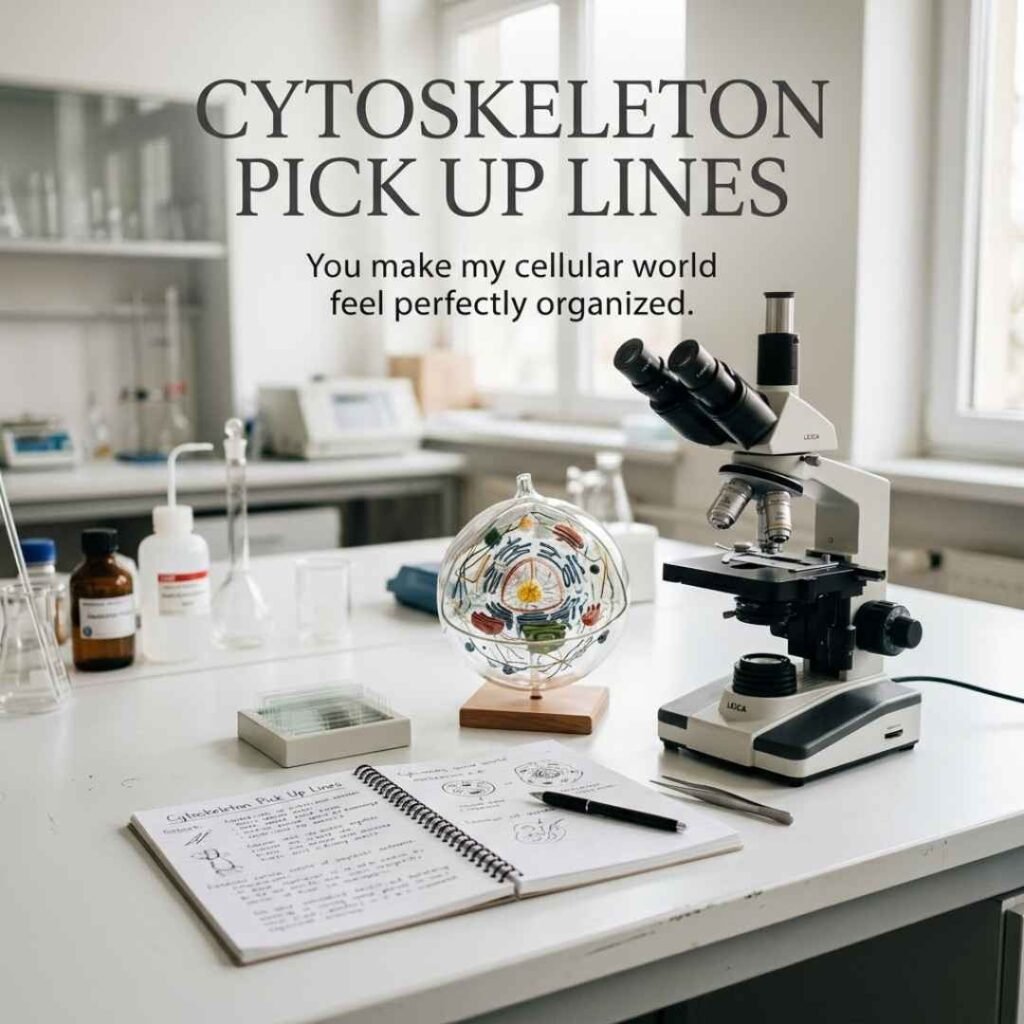 Cute Cytoskeleton Pick Up Lines displayed in a realistic biology lab with a microscope and cell-inspired setting.