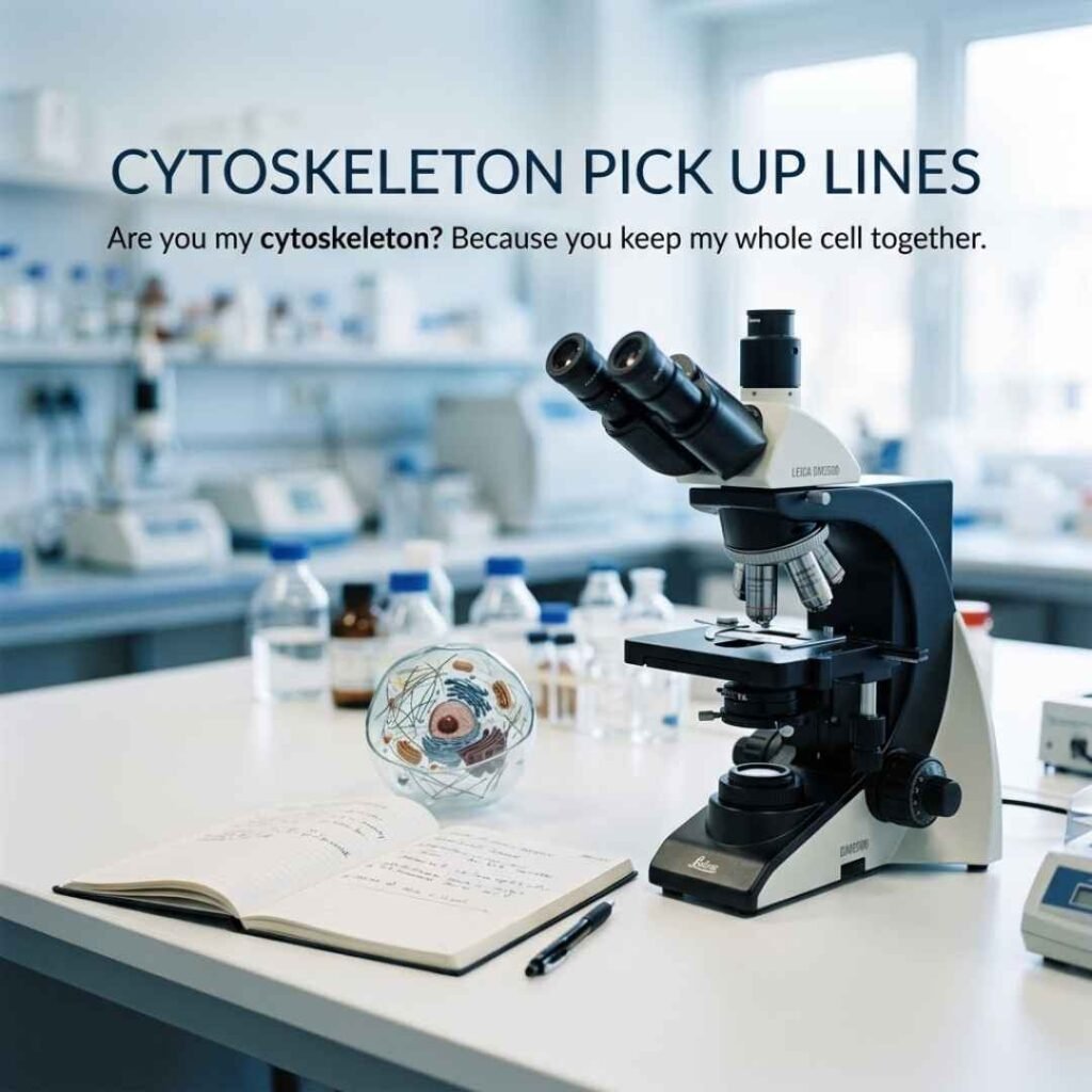 Funny Cytoskeleton Pick Up Lines with a realistic biology laboratory, microscope, and cell-themed scientific setting.