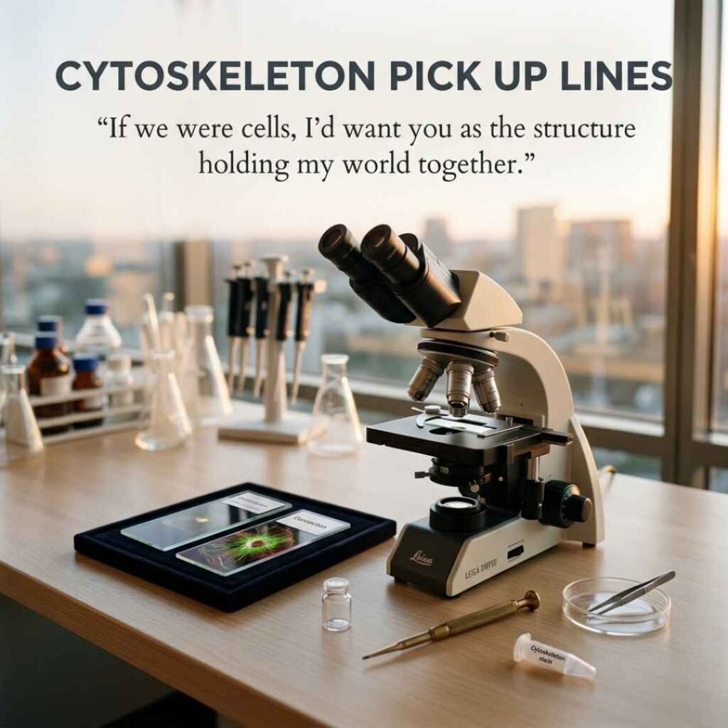 Romantic Cytoskeleton Pick Up Lines beside a realistic microscope and laboratory slides in a warm scientific setting.