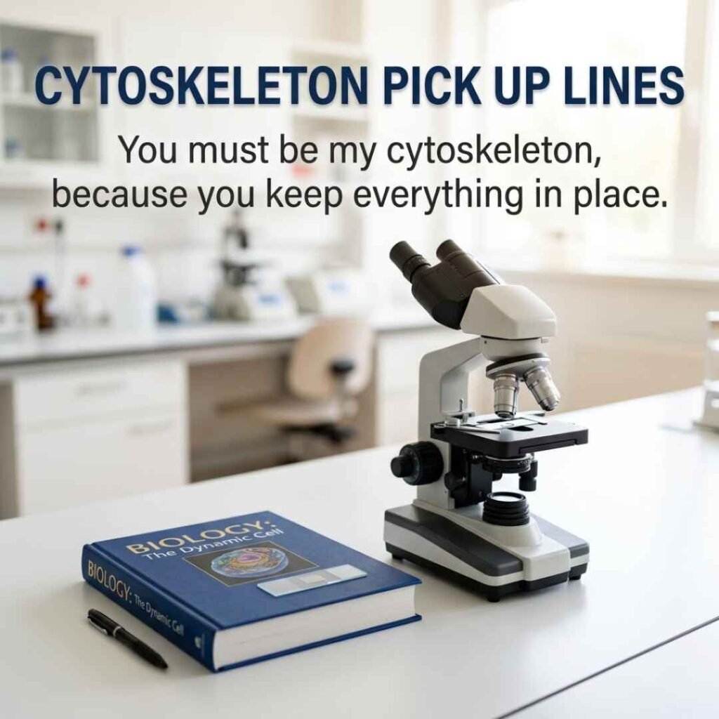 Clean Cytoskeleton Pick Up Lines shown with a realistic microscope, biology textbook, and laboratory setting.