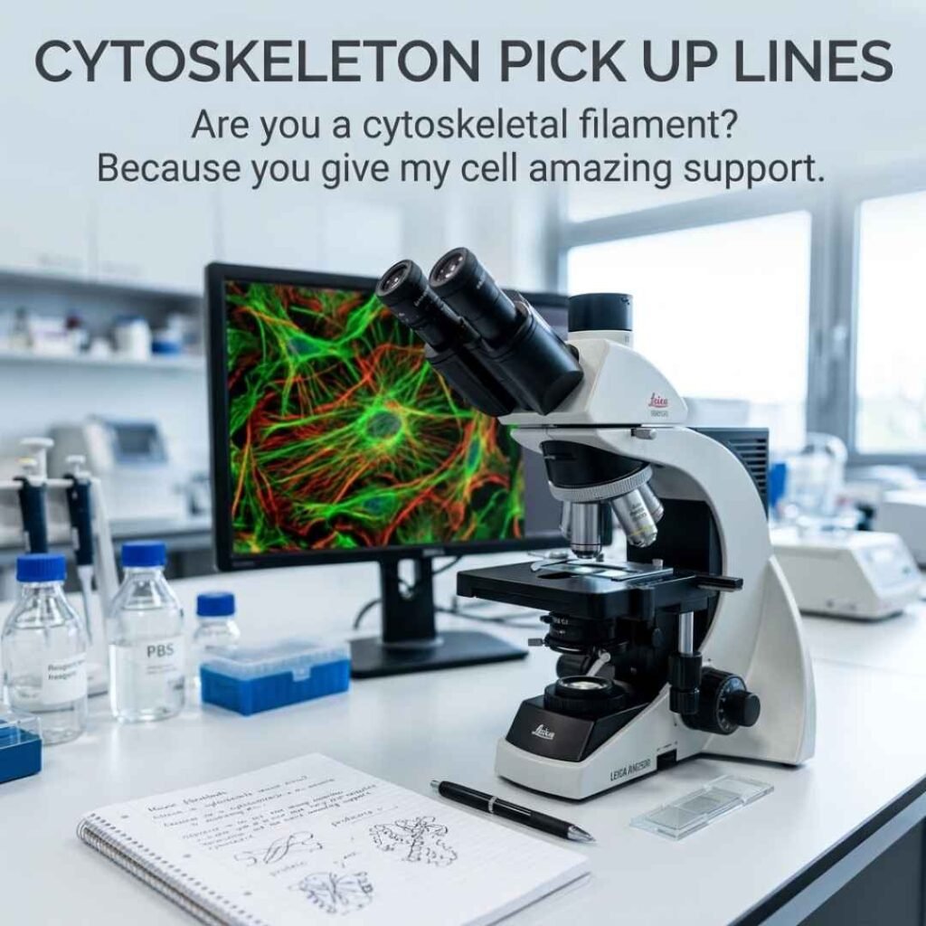 Filament Cytoskeleton Pick Up Lines with realistic cytoskeletal filament imagery and a professional biology laboratory.