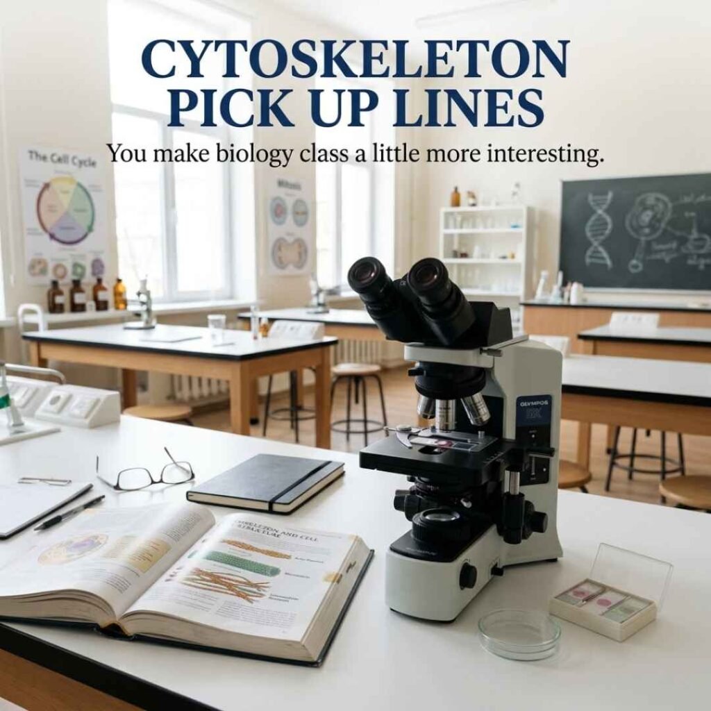 Biology Class Cytoskeleton Pick Up Lines with a realistic microscope, biology textbook, and classroom laboratory setting.