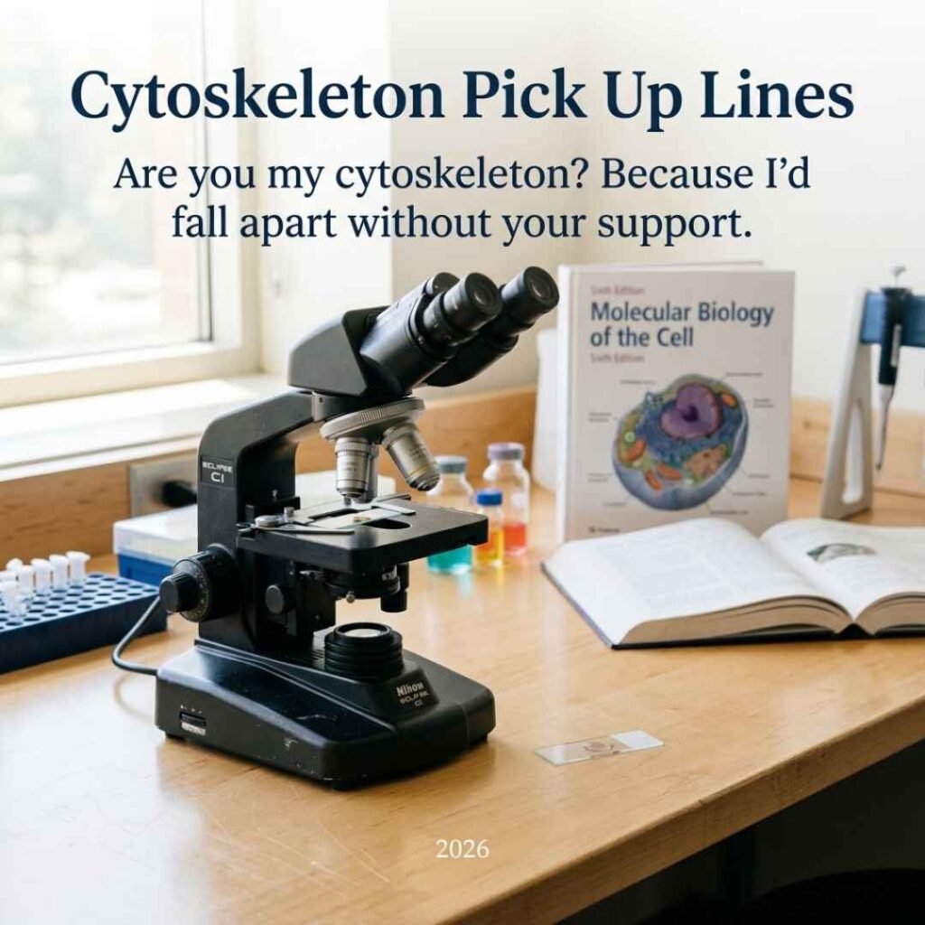 Cheesy Cytoskeleton Pick Up Lines 2026 with a realistic microscope, cell biology setting, and scientific laboratory background.