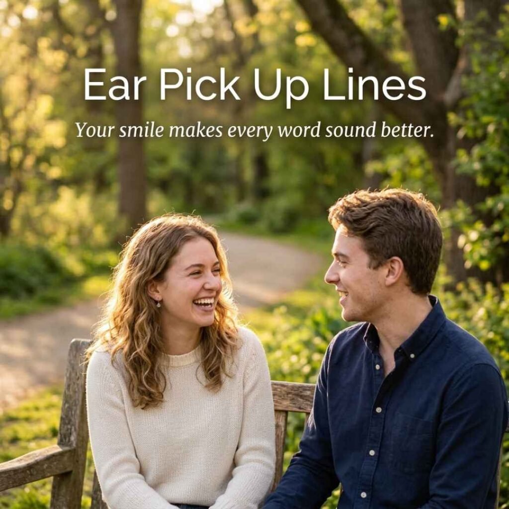 Short and cute Ear Pick Up Lines featuring a smiling young couple sharing a sweet conversation in a peaceful park at golden hour