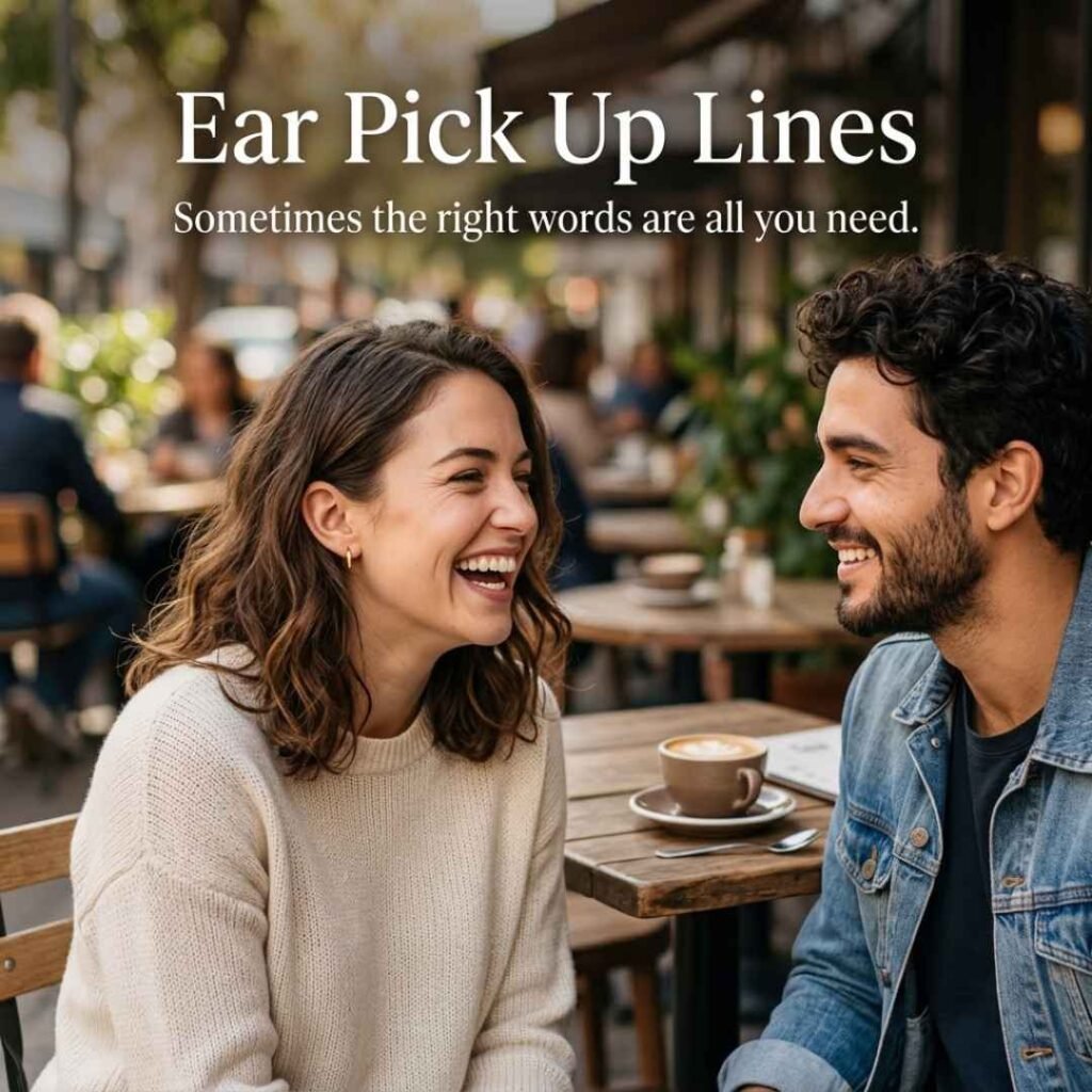 Best Working Ears Rizz featuring Ear Pick Up Lines with a smiling couple enjoying a natural conversation in a bright outdoor café setting