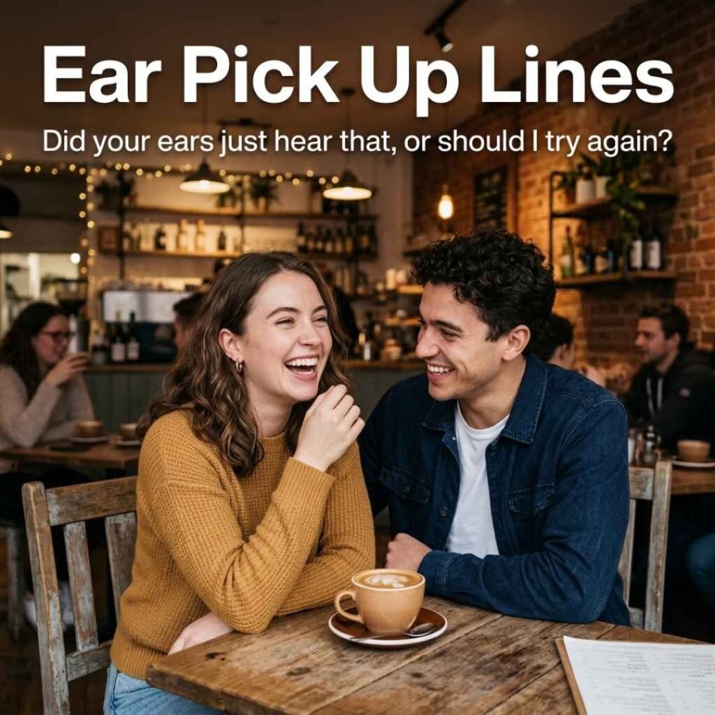 Funny Ear Pick Up Lines with a laughing young couple enjoying a playful conversation inside a cozy modern coffee shop