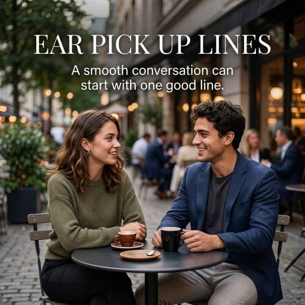 Smooth Ear Pick Up Lines featuring two young adults sharing a confident and friendly conversation at a stylish outdoor café