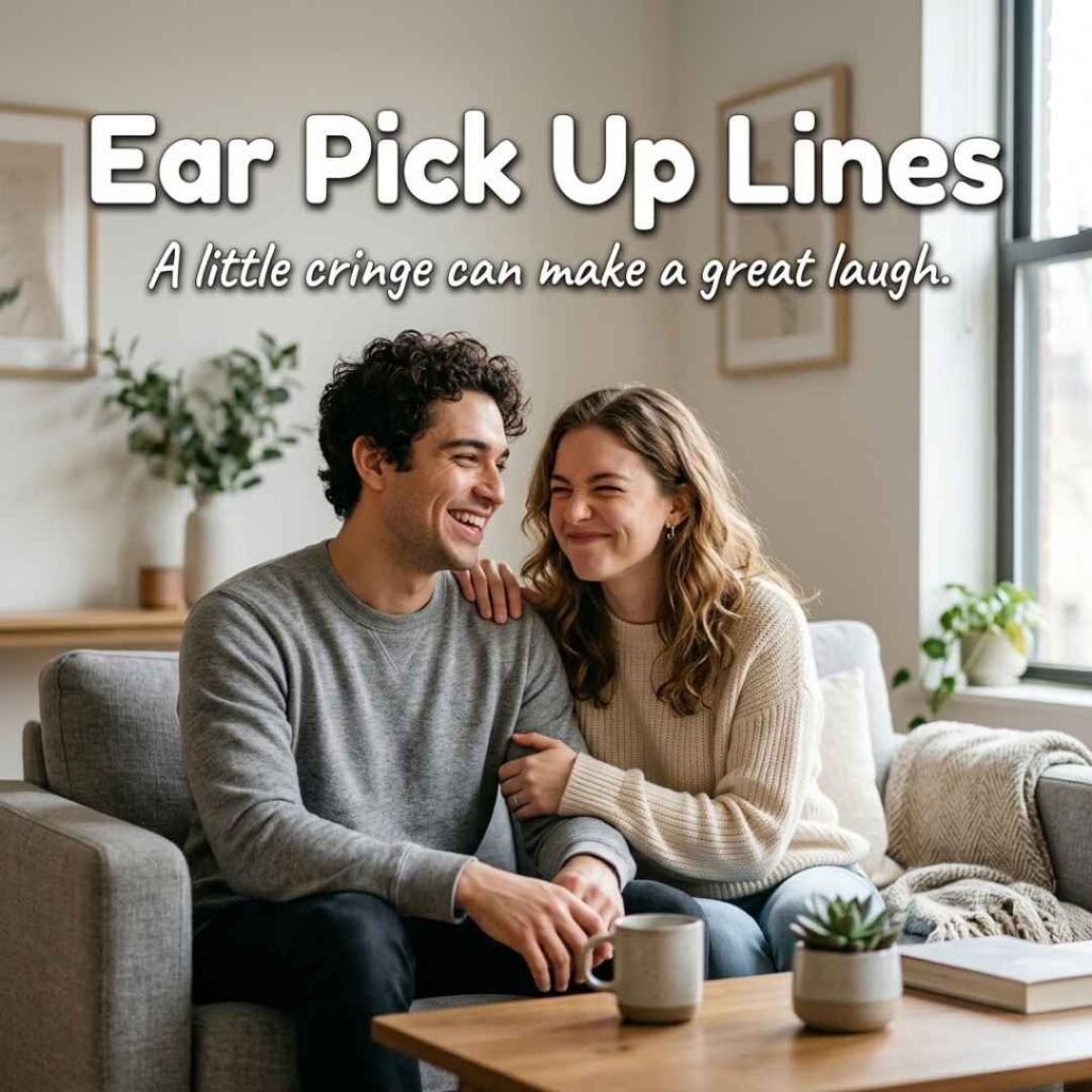 Cringe Ear Pick Up Lines showing a playful young adult couple laughing together during a funny and awkward conversation at home