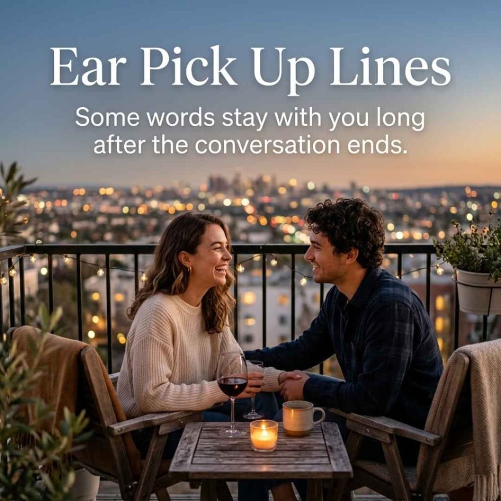Romantic Ear Pick Up Lines featuring a young adult couple sharing a warm conversation on a softly lit balcony at sunset