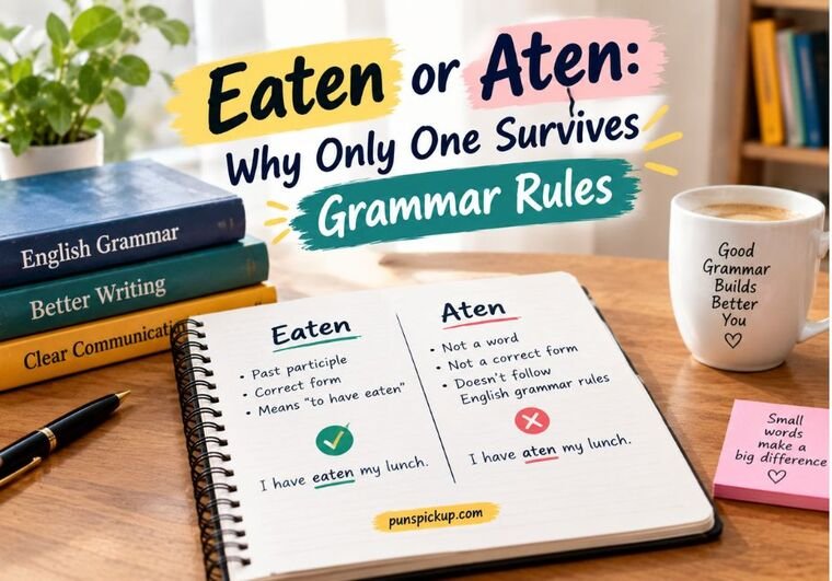 Eaten or Aten grammar comparison showing “Eaten” as the correct past participle alongside an English grammar notebook and study desk.