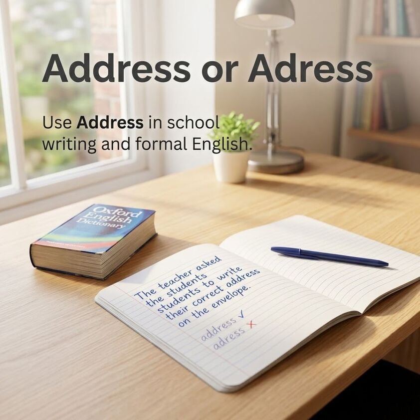 Address or Adress in school writing with a student notebook showing the correct spelling for formal English.