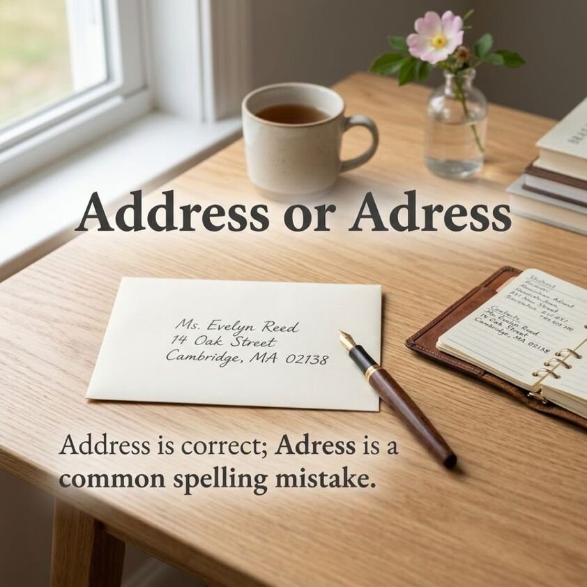 Address or Adress spelling comparison showing the correct English spelling with an envelope and address book.