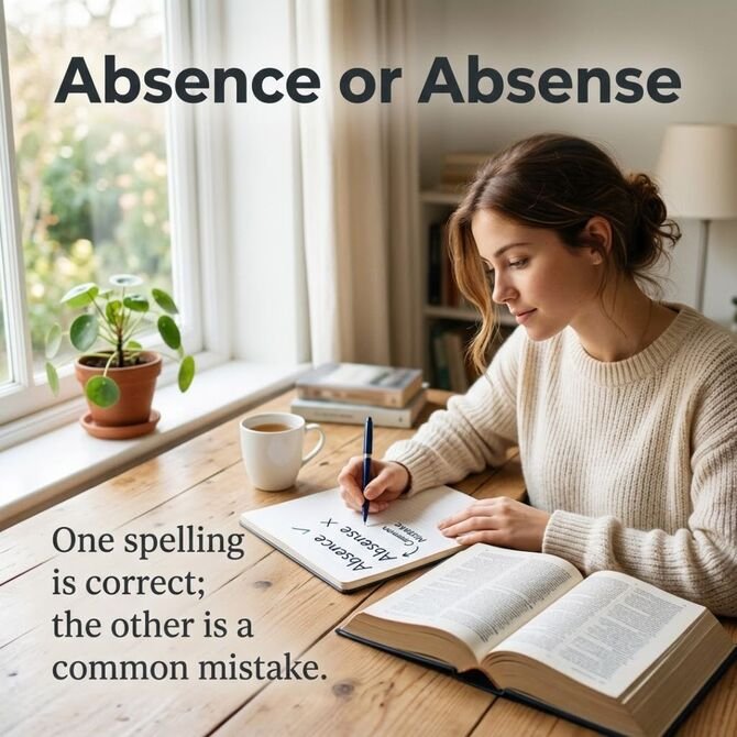 Absence or Absense spelling confusion shown with a dictionary, notebook, and educational spelling message.