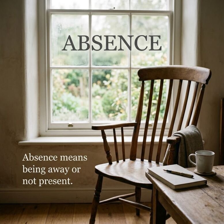 Absence or Absense meaning explained with an empty chair and a message about being away or not present.