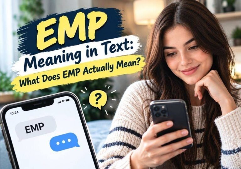 EMP Meaning in Text: What Does EMP Actually Mean? featuring a woman checking her smartphone with an EMP text message and question mark graphic.