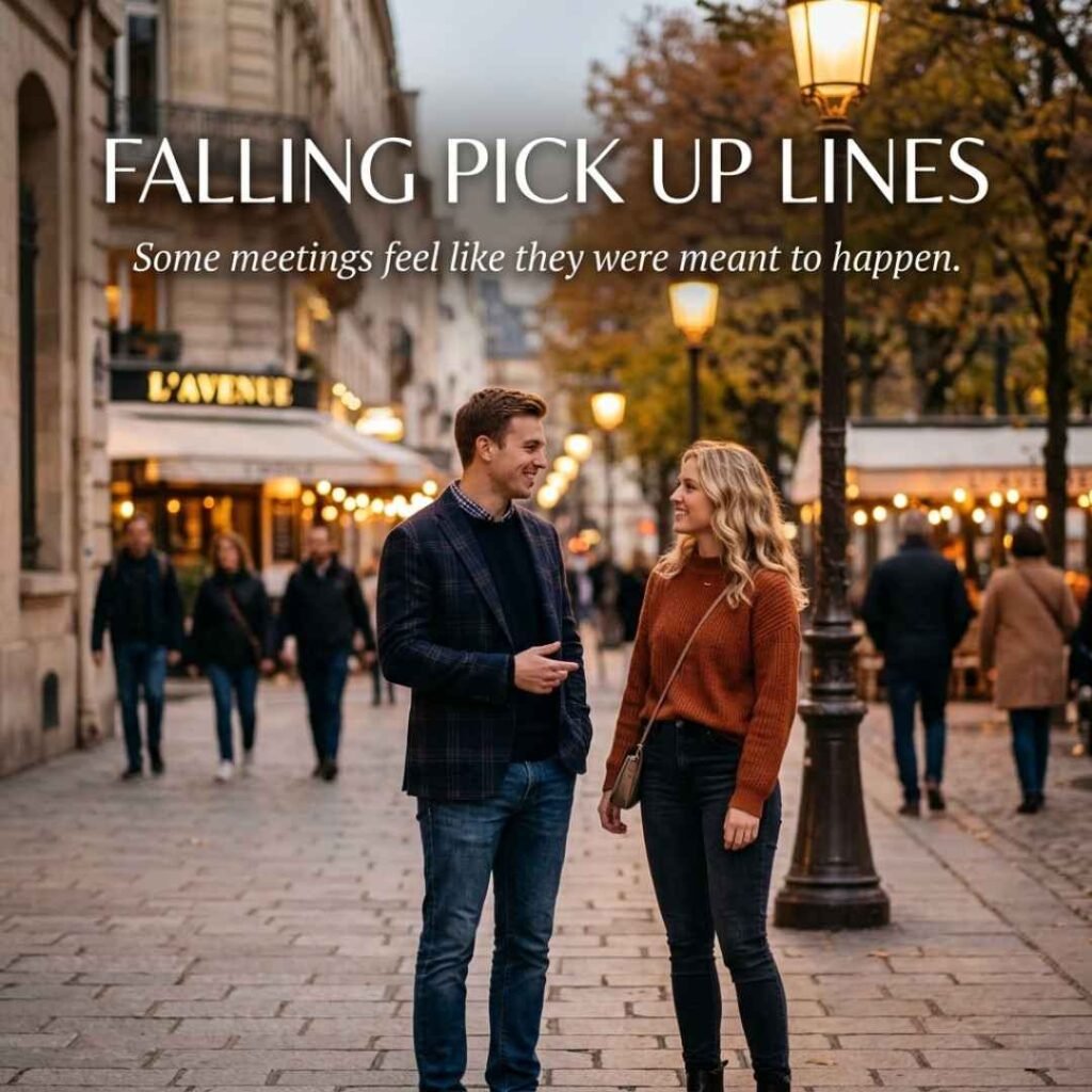 Falling Pick Up Lines in a classic city meeting scene with a romantic first-conversation saying.