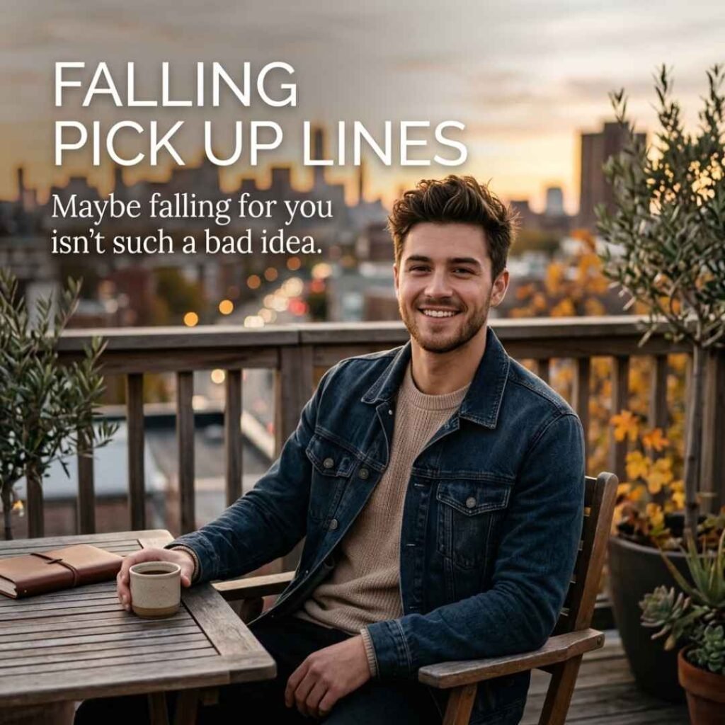 Falling Pick Up Lines with a confident young man and a flirty falling-for-you message.