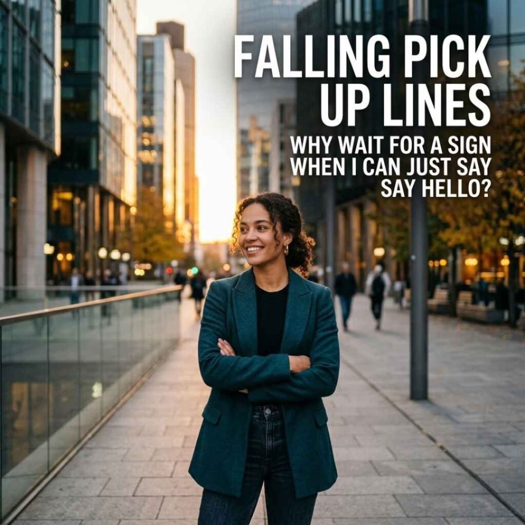 Falling Pick Up Lines with a confident city scene and a bold message for starting a conversation.