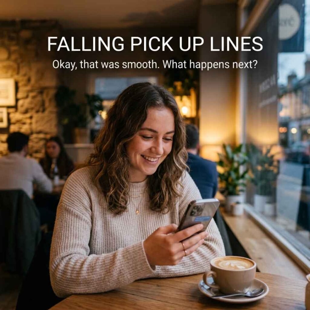Falling Pick Up Lines showing a smiling person responding to a playful pickup message on a smartphone.