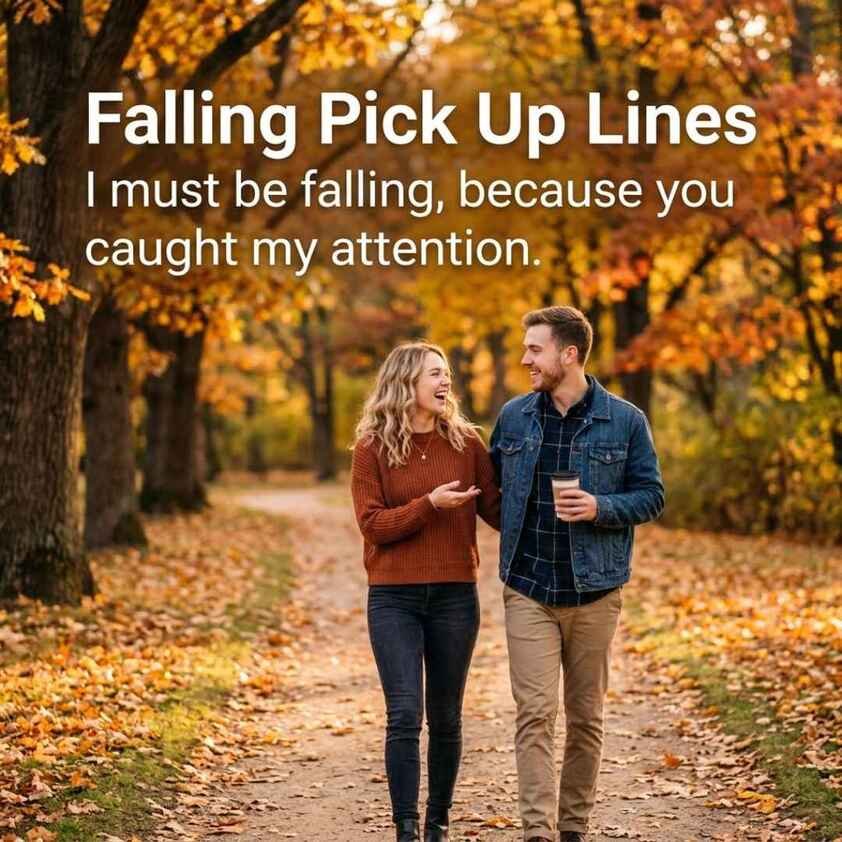 Falling Pick Up Lines featuring a cute autumn park scene and a cheesy crush pickup line.