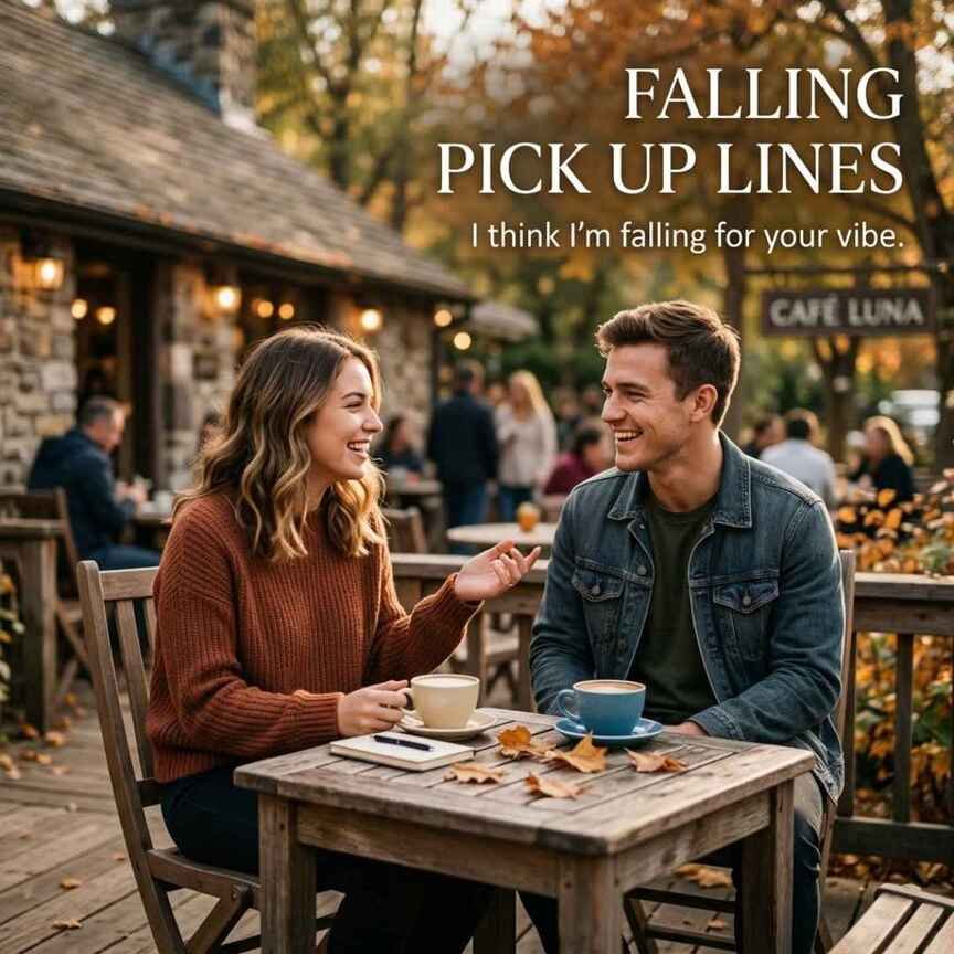 Falling Pick Up Lines with a natural café conversation and a charming falling rizz message.
