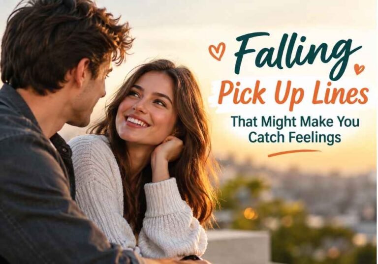 Falling Pick Up Lines that might make you catch feelings with a romantic couple enjoying a golden-hour moment.