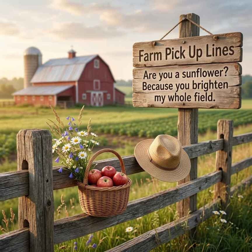 Farm Pick Up Lines with a cheesy sunflower pickup line, rustic fence, apples, flowers, and red barn.