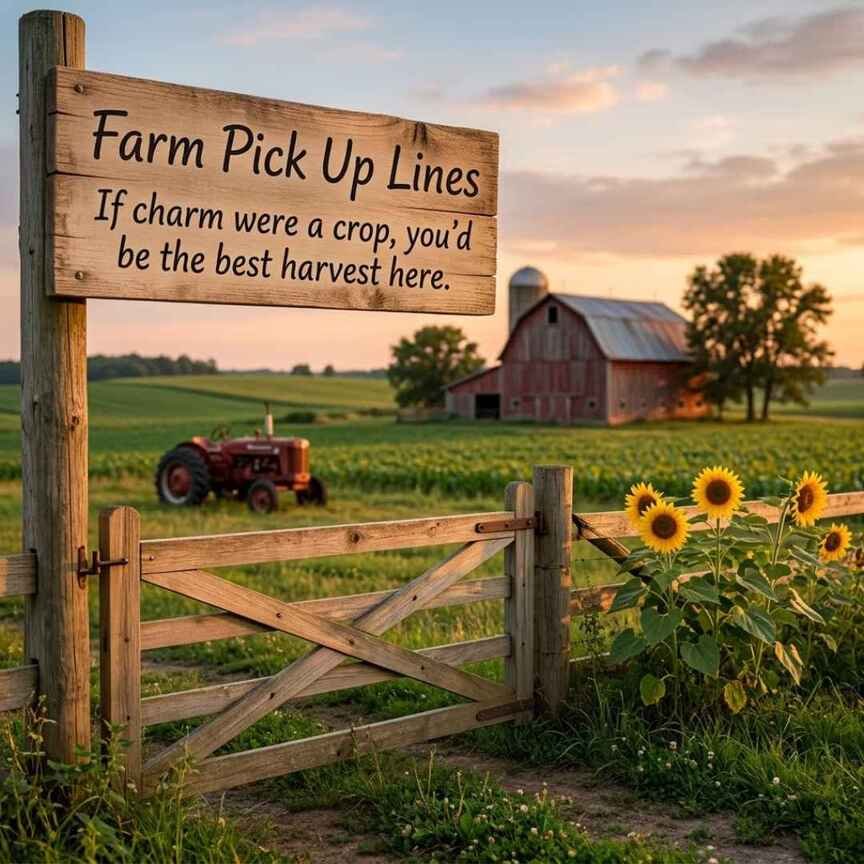 Farm Pick Up Lines featuring a smooth farm rizz message with sunflowers, green fields, tractor, and barn at sunset.