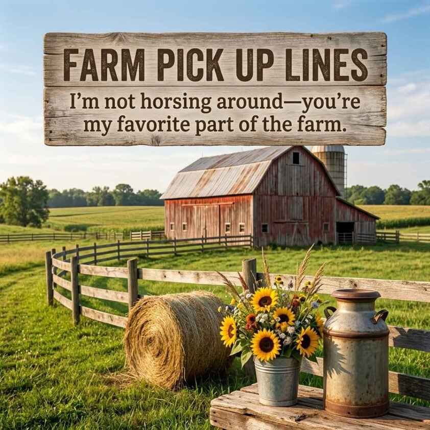 Funny Farm Pick Up Lines with a playful farm message, red barn, hay bale, sunflowers, and rustic milk can.