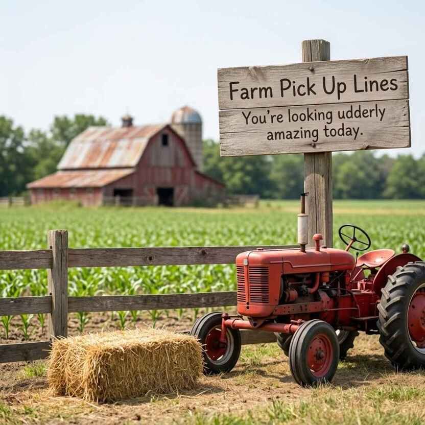 Playful Farm Pick Up Lines with a funny farm wordplay message, hay bale, tractor, crops, and rustic barn.
