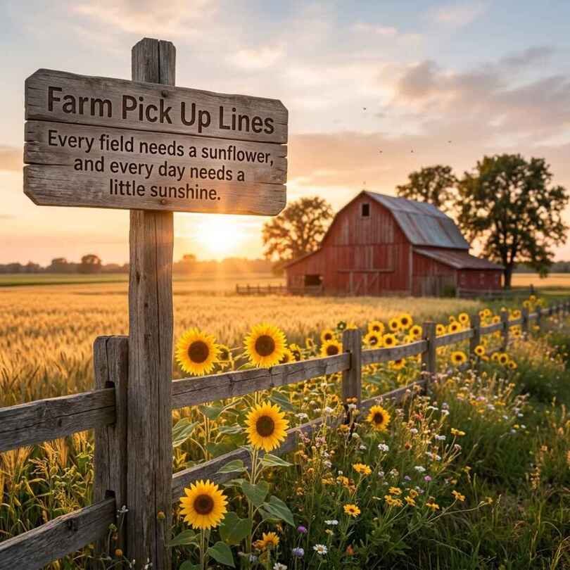 Farm Pick Up Lines for her with a sweet farm message, sunflowers, wooden fence, red barn, and sunset field.