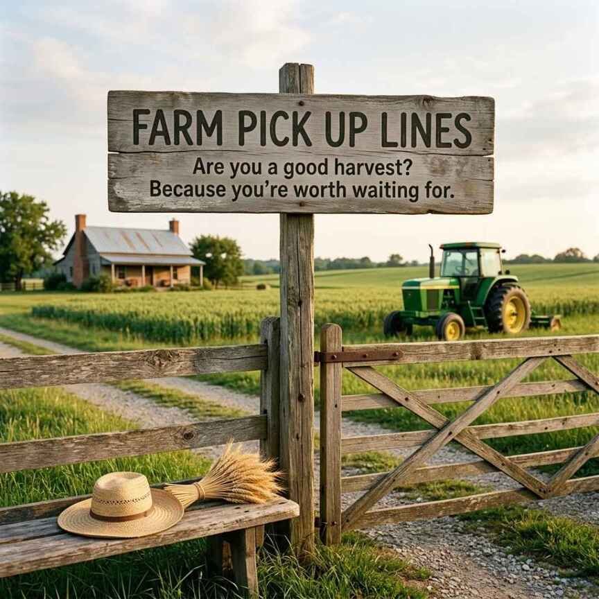 Farm Pick Up Lines and farm rizz featuring a playful harvest message, tractor, wheat, straw hat, and rustic farmhouse.