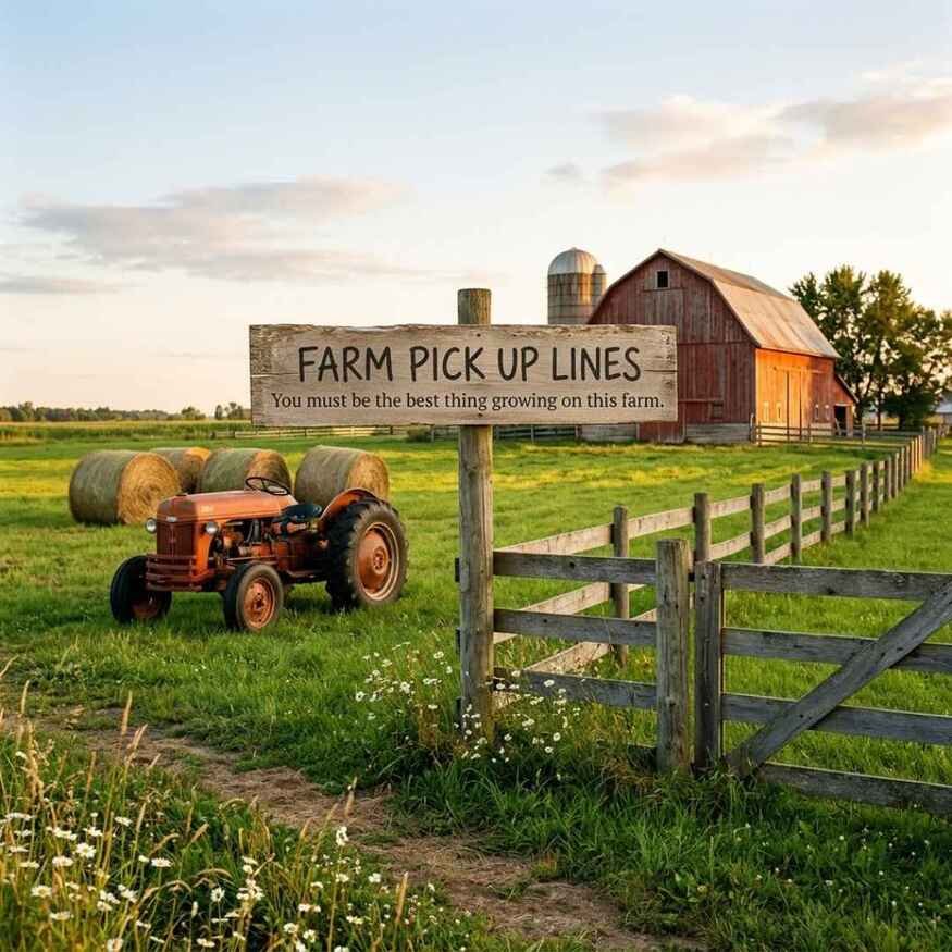 Best Farm Pick Up Lines shown on a rustic farm with a tractor, hay, red barn, and charming countryside setting.