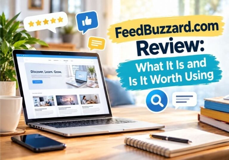 Laptop displaying a website review with search, rating, and feedback icons, illustrating a FeedBuzzard.com review and whether the platform is worth using.