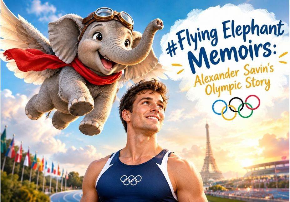 Flying elephant with wings soaring beside Olympic athlete Alexander Savin in Paris, featuring the Eiffel Tower, Olympic rings, and flags.