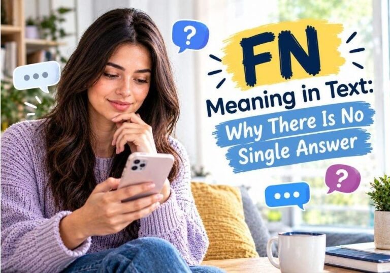Woman reading a text message on her smartphone with question marks and chat bubbles, illustrating “FN Meaning in Text: Why There Is No Single Answer.”