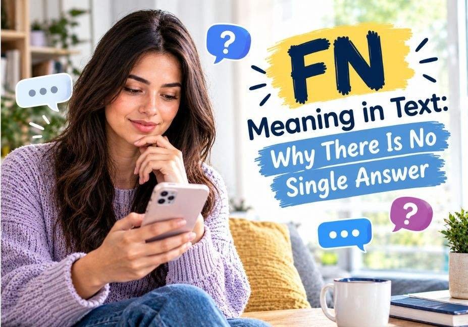 Woman reading a text message on her smartphone with question marks and chat bubbles, illustrating “FN Meaning in Text: Why There Is No Single Answer.”